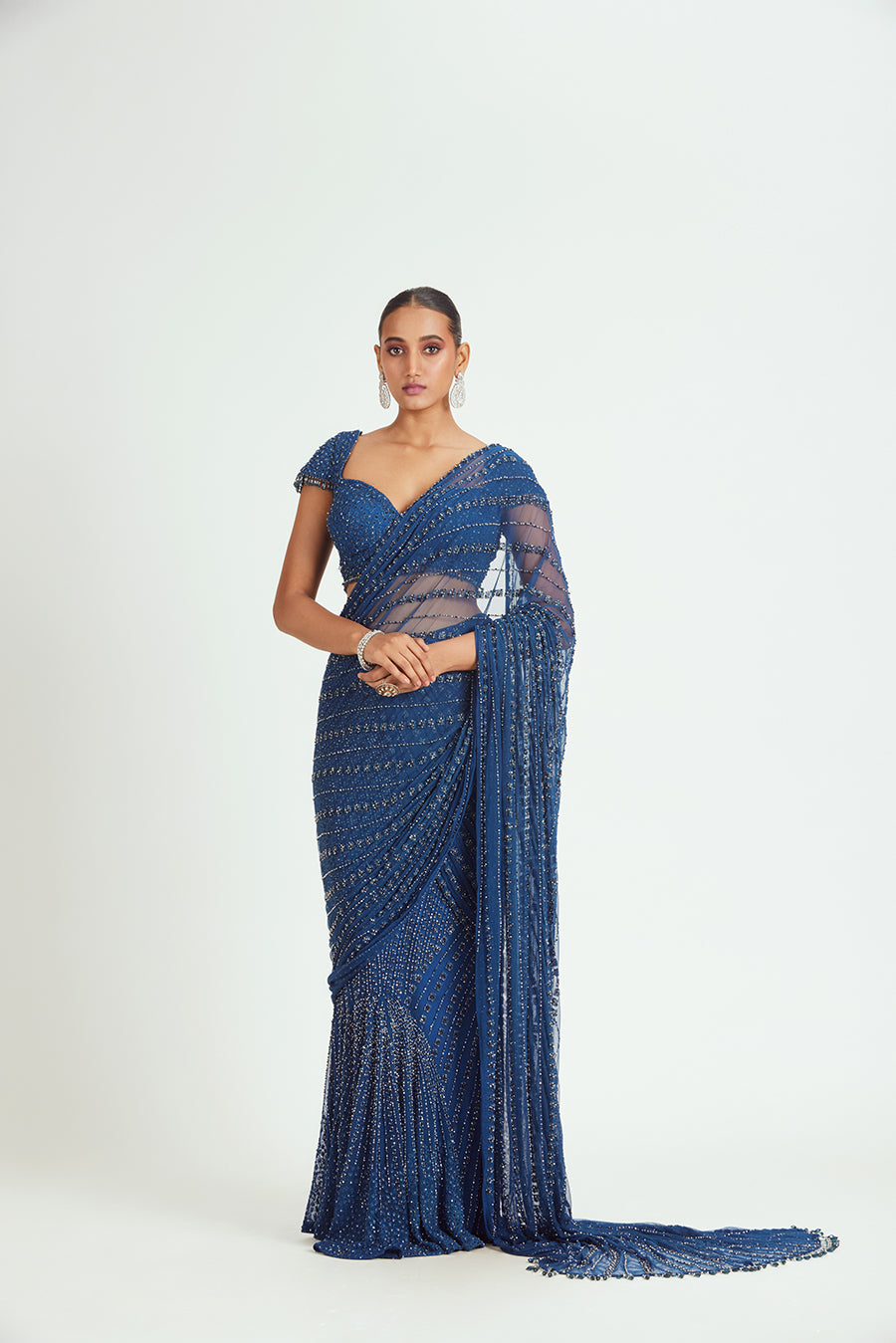 COBALT BLUE NET DRAPED SAREE