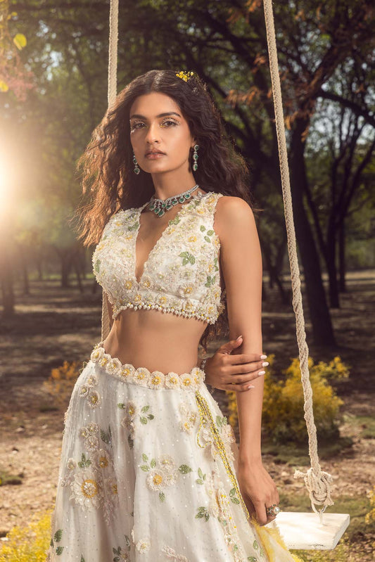 Off White 3D Lehenga Set