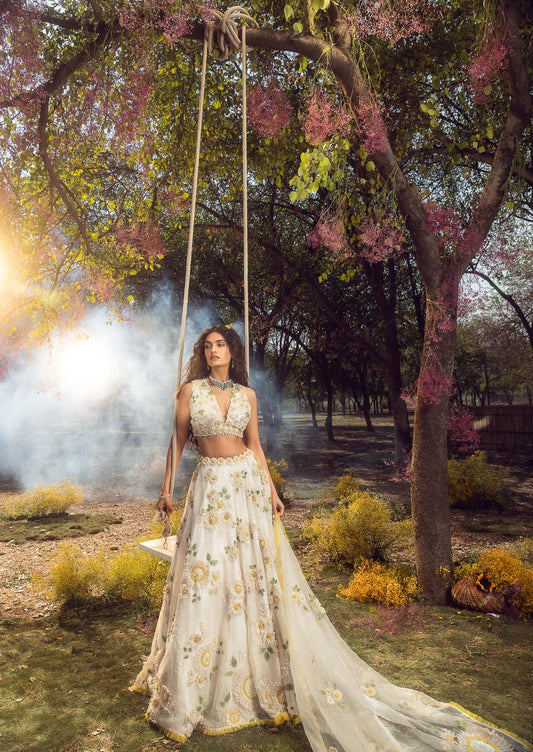 Off White 3D Lehenga Set