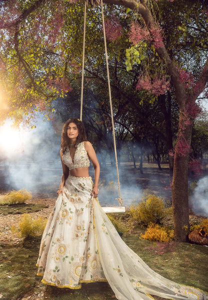 Off White 3D Lehenga Set