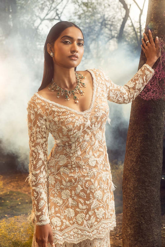 Mocha Net Kurta Sharara Set And Dupatta