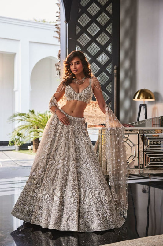 GREY EMBROIDERED ORGANZA SET