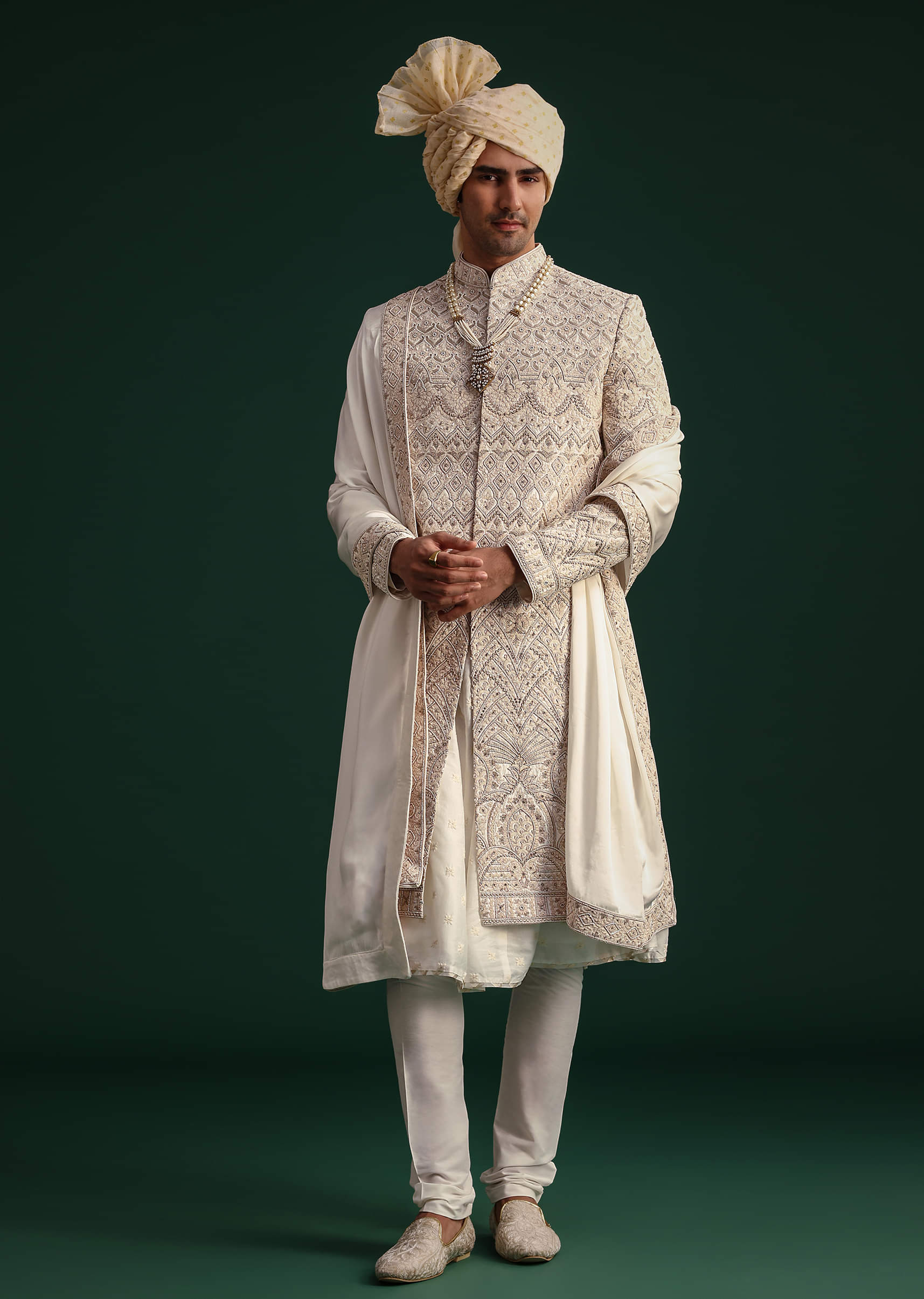 Off White Silk Threadwork Sherwani Suit With Dupatta And Mala