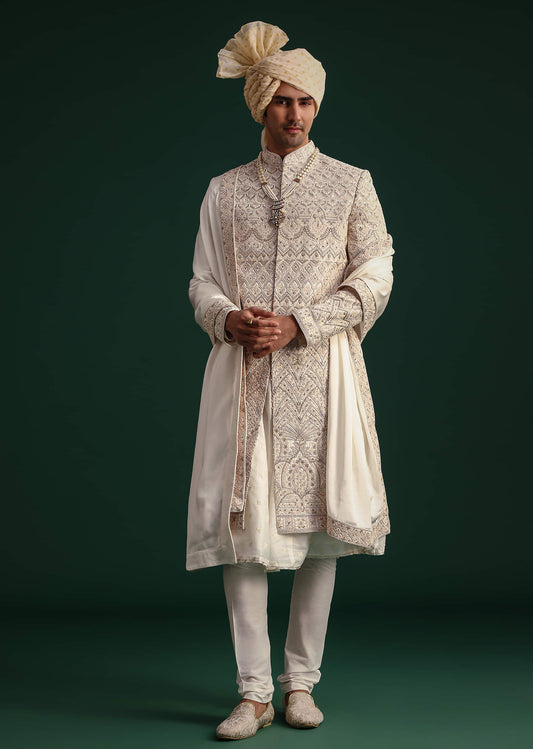 Off White Silk Threadwork Sherwani Suit With Dupatta And Mala