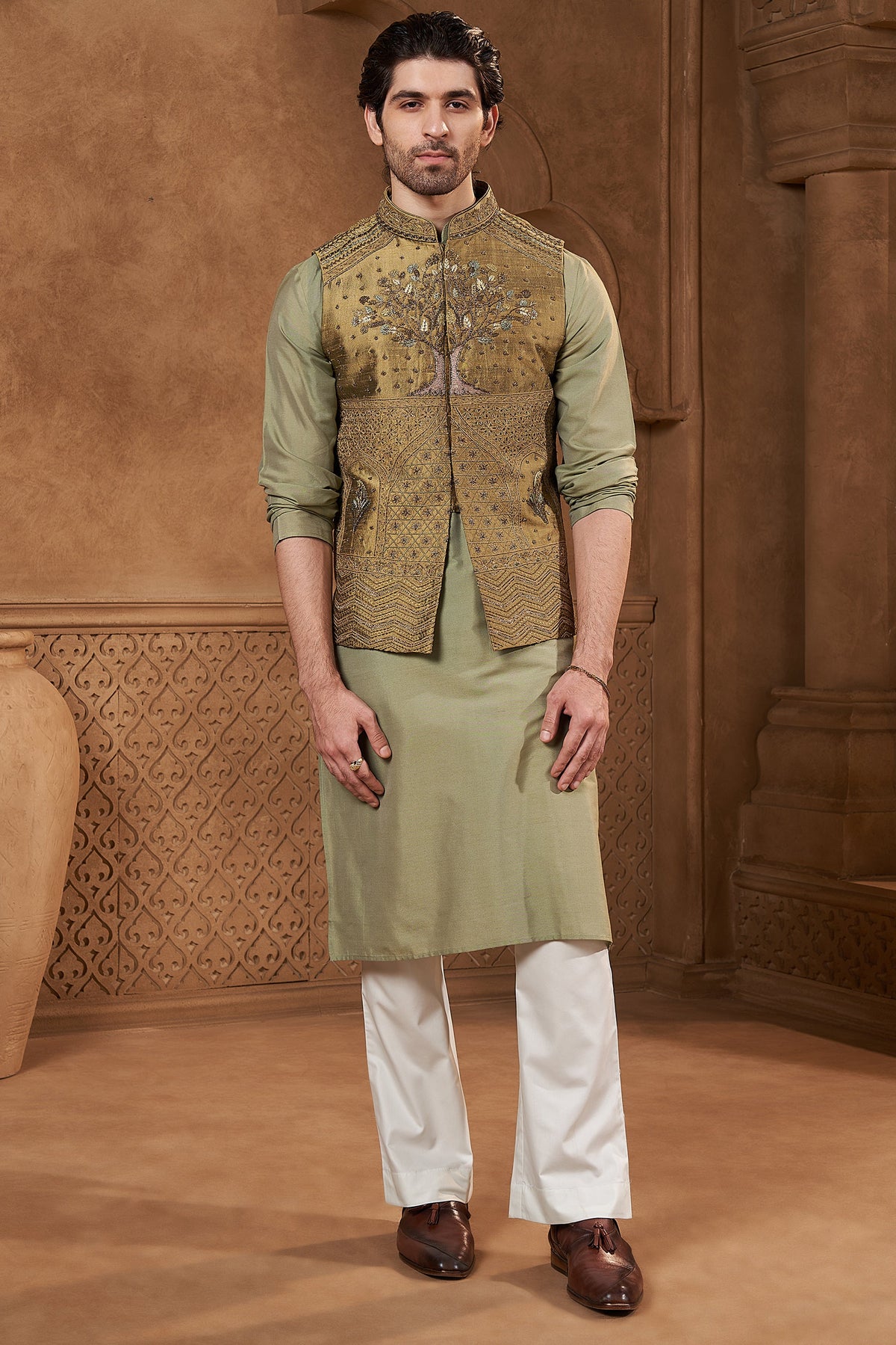 Olive Green Raw Silk Botanical Bundi Set