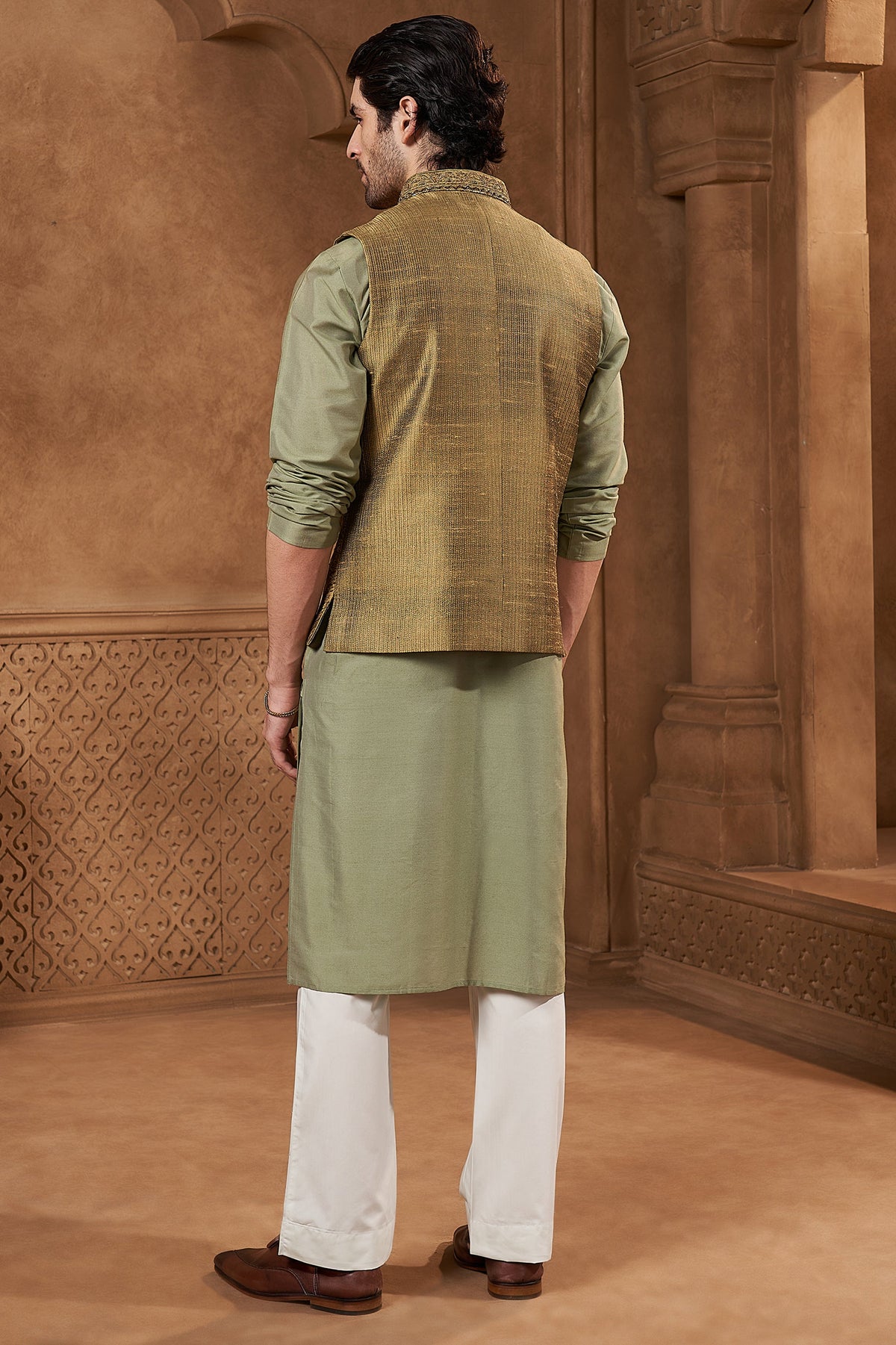 Olive Green Raw Silk Botanical Bundi Set
