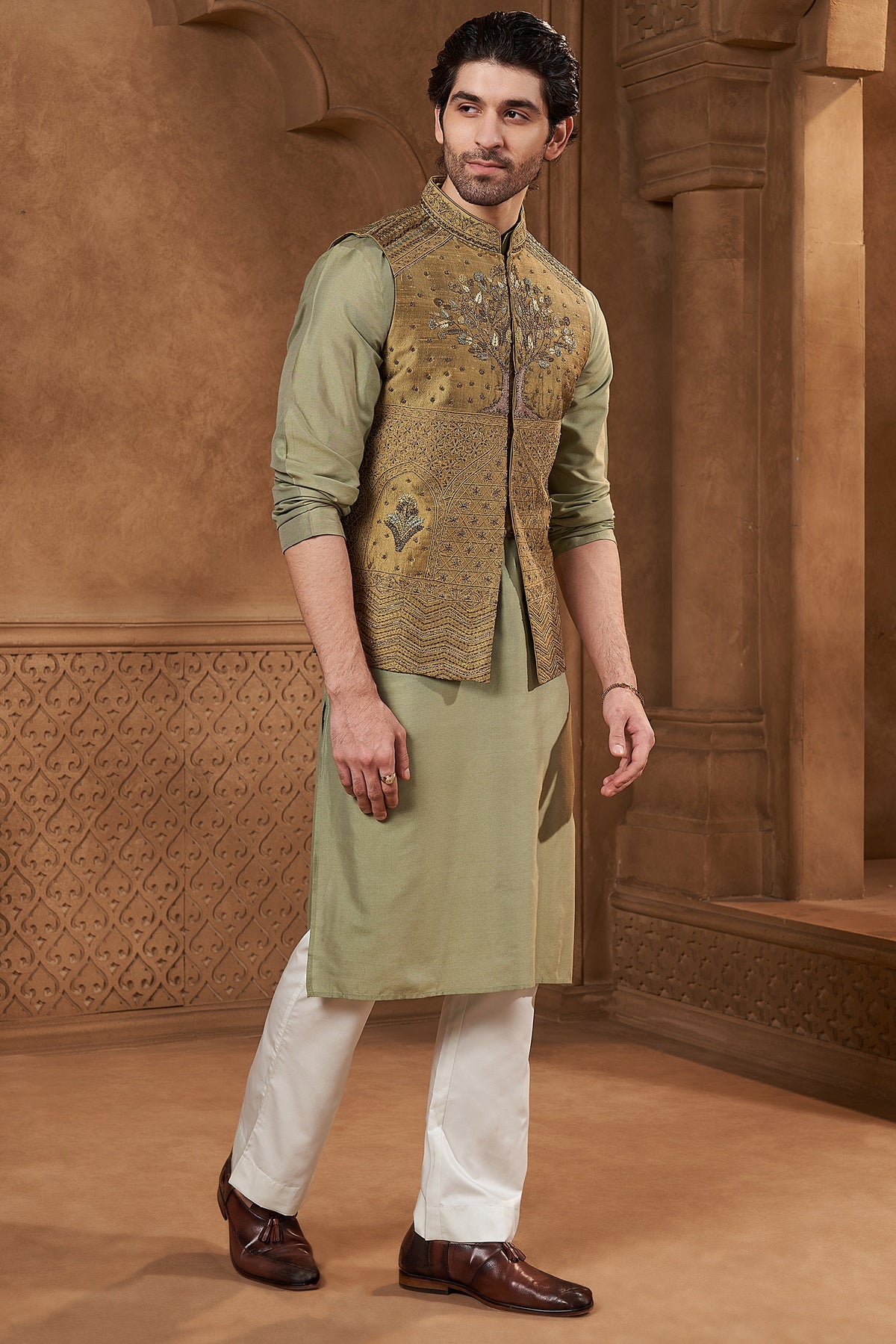 Olive Green Raw Silk Botanical Bundi Set