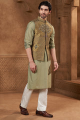 Olive Green Raw Silk Botanical Bundi Set