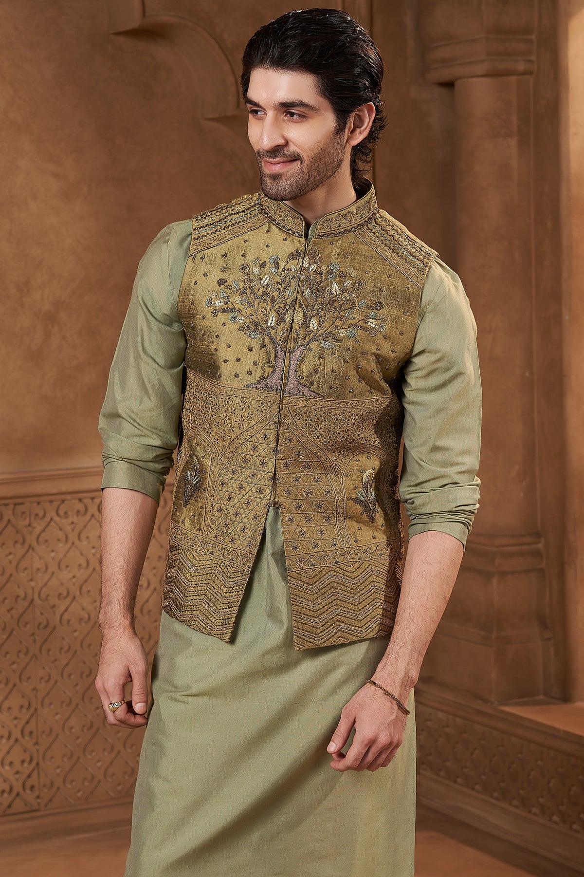 Olive Green Raw Silk Botanical Bundi Set