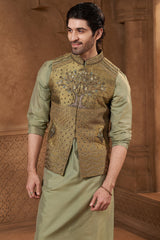 Olive Green Raw Silk Botanical Bundi Set