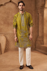 Olive Green Tissue Zari Floral Kurta Set