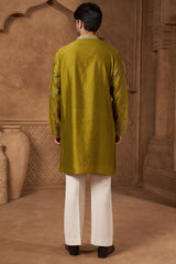 Olive Green Tissue Zari Floral Kurta Set
