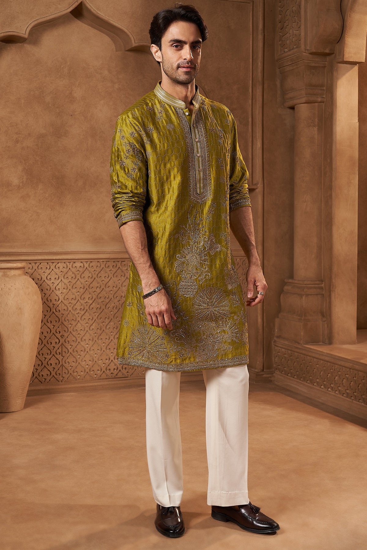 Olive Green Tissue Zari Floral Kurta Set