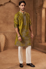 Olive Green Tissue Zari Floral Kurta Set