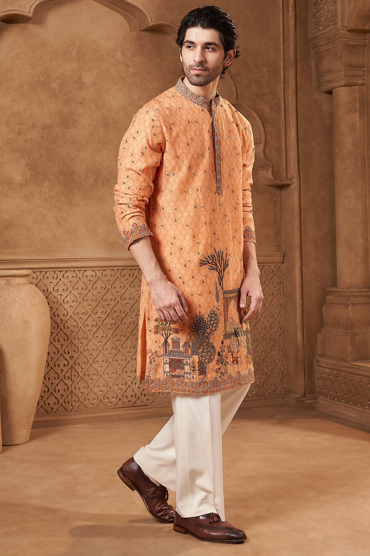 Orange Chanderi Tropical Art Kurta Set