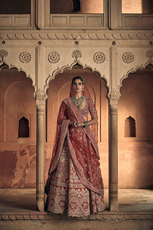 Red Raw Silk Zari Hand & Machine Embroidered Lehenga Set