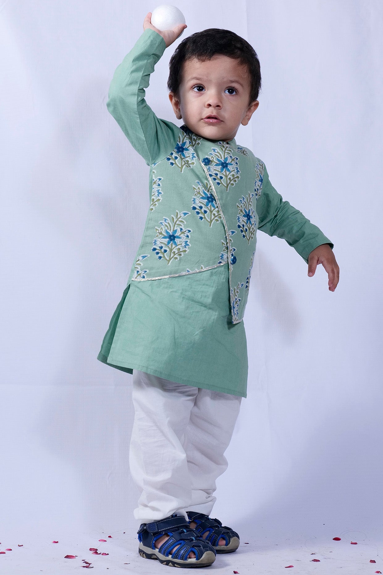 Sea Green Cotton Kurta Set For Boys by Pankhuri by Priyanka - Kids at Pernia's Pop Up Shop