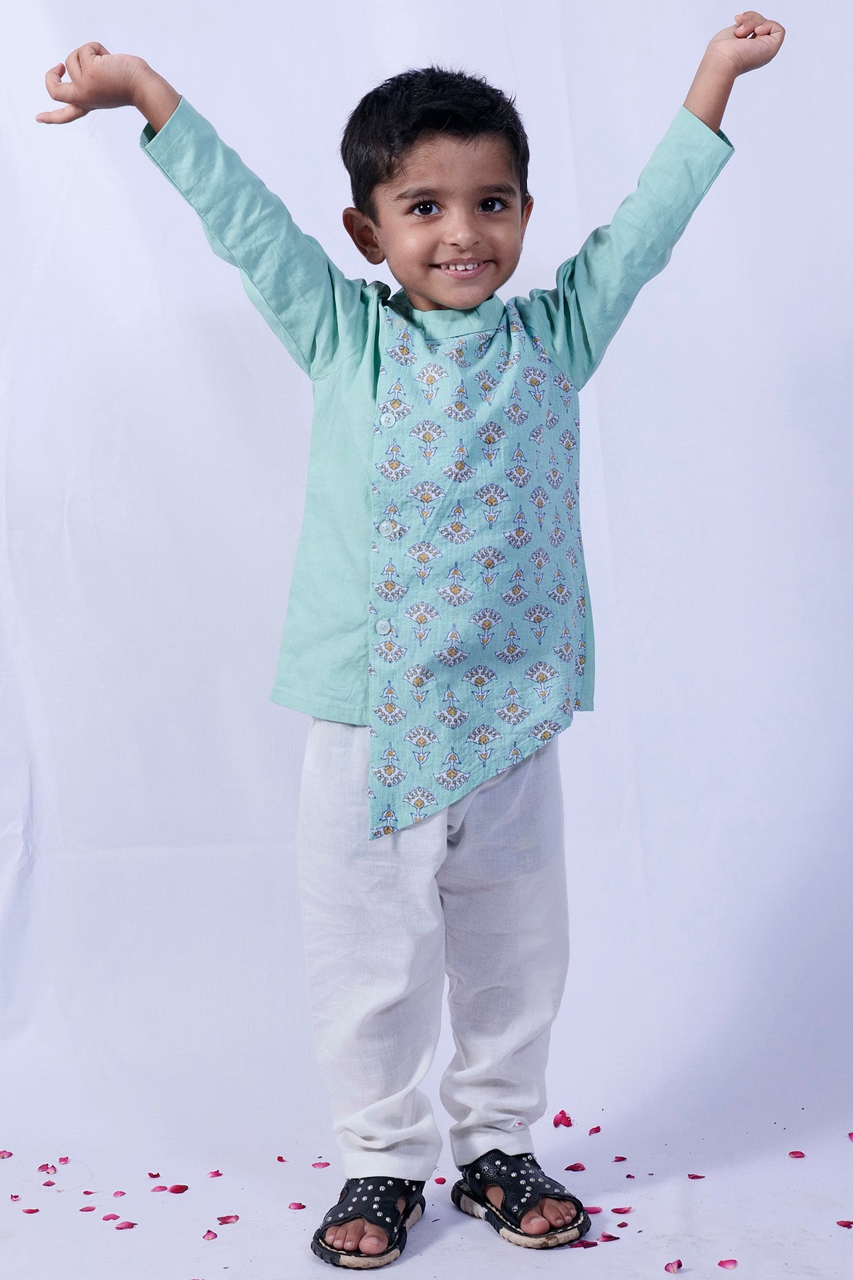 Sea Green Cotton Kurta Set With Attached Jacket For Boys by Pankhuri by Priyanka - Kids at Pernia's Pop Up Shop