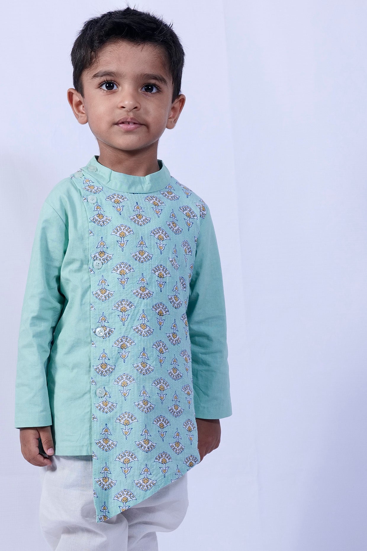 Sea Green Cotton Kurta Set With Attached Jacket For Boys by Pankhuri by Priyanka - Kids at Pernia's Pop Up Shop