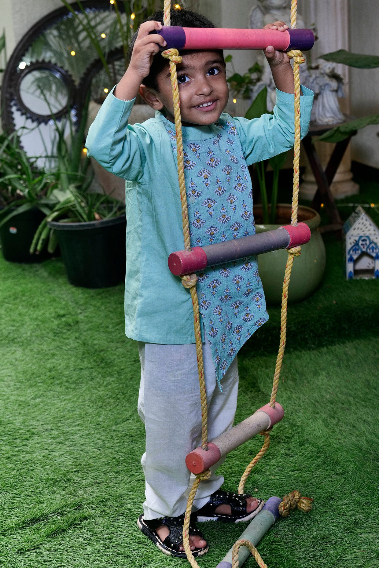 Sea Green Cotton Kurta Set With Attached Jacket For Boys by Pankhuri by Priyanka - Kids at Pernia's Pop Up Shop