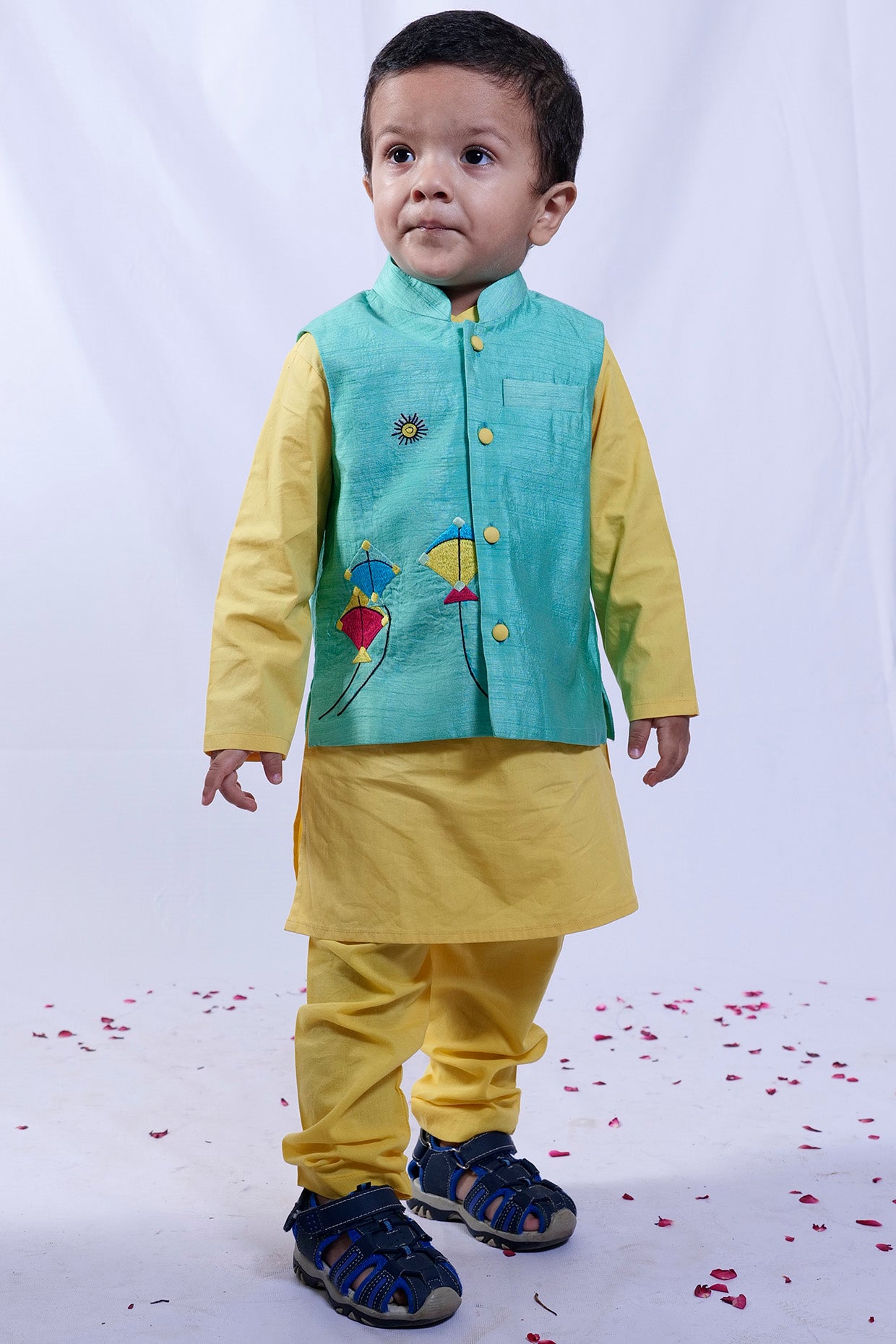 Yellow Cotton Kurta Set With Bundi Jacket For Boys by Pankhuri by Priyanka - Kids at Pernia's Pop Up Shop