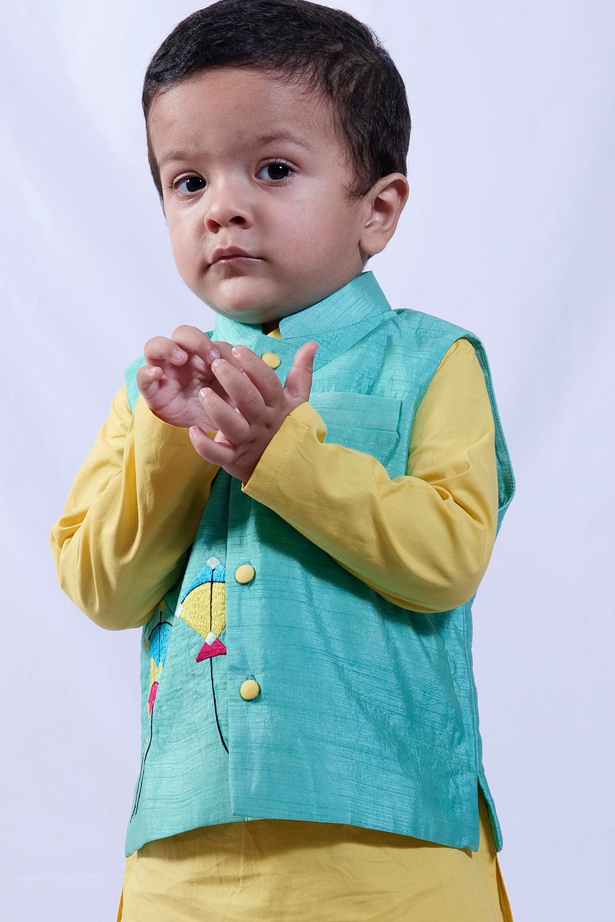 Yellow Cotton Kurta Set With Bundi Jacket For Boys by Pankhuri by Priyanka - Kids at Pernia's Pop Up Shop