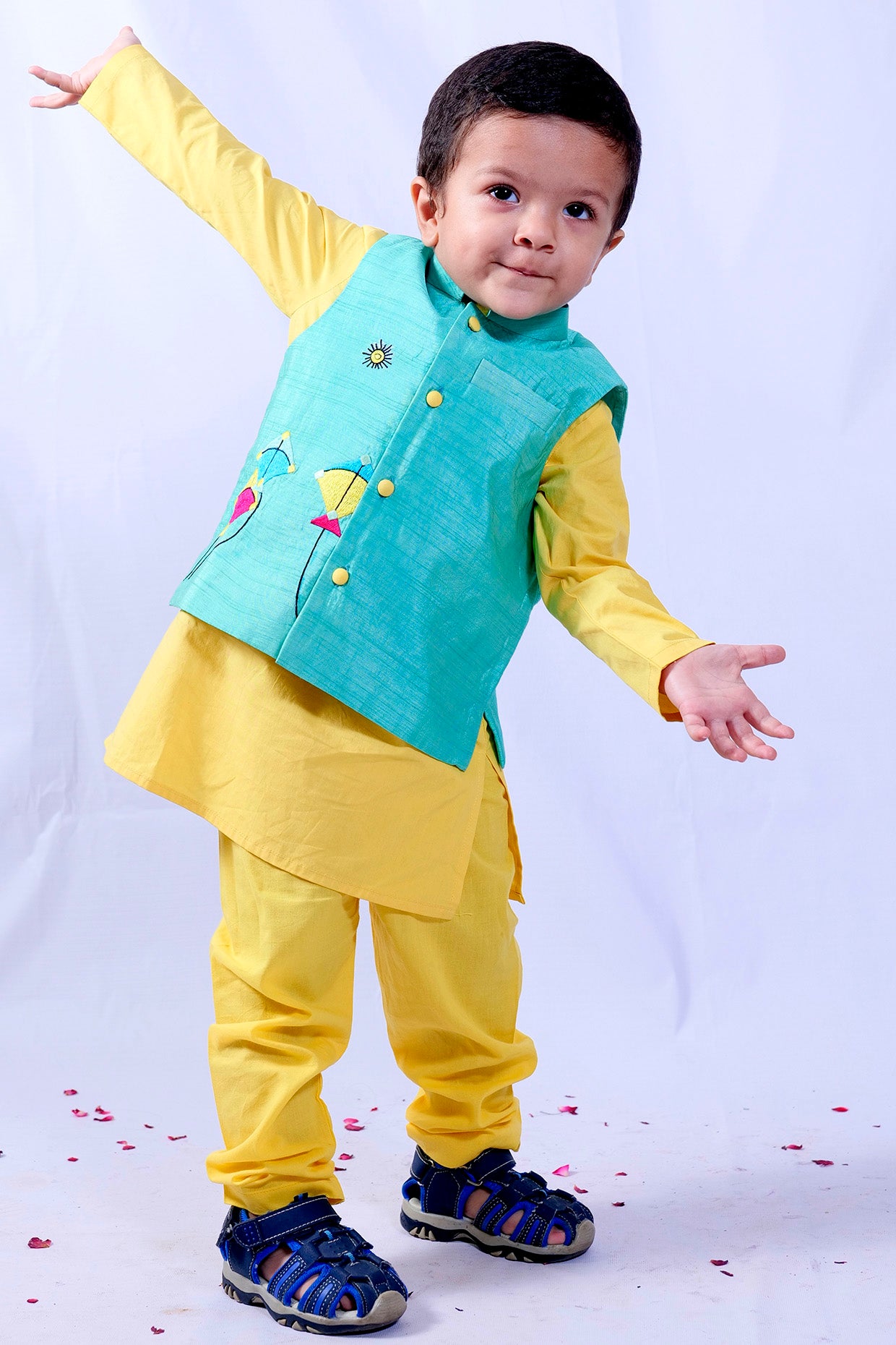 Yellow Cotton Kurta Set With Bundi Jacket For Boys by Pankhuri by Priyanka - Kids at Pernia's Pop Up Shop