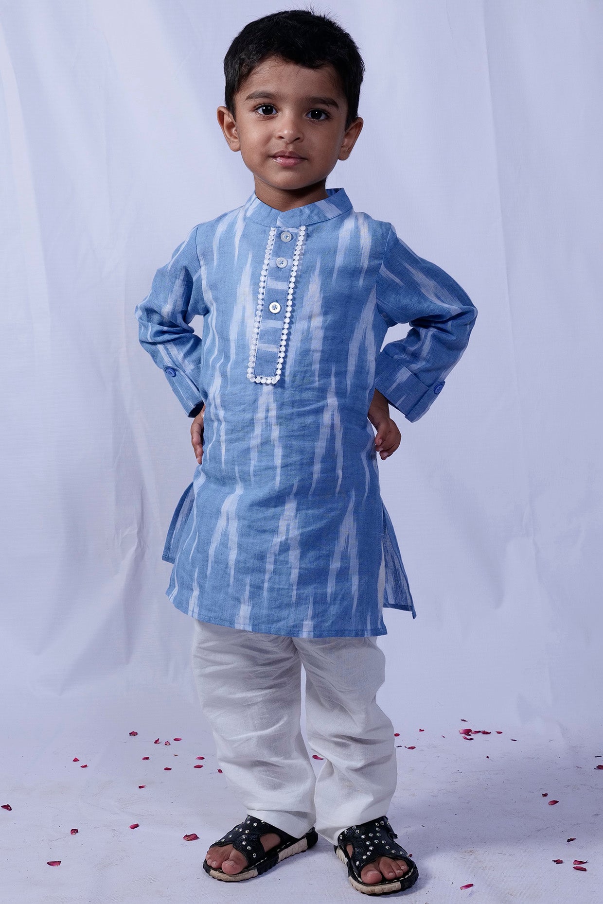 Blue Ikat Printed Kurta Set For Boys by Pankhuri by Priyanka - Kids at Pernia's Pop Up Shop