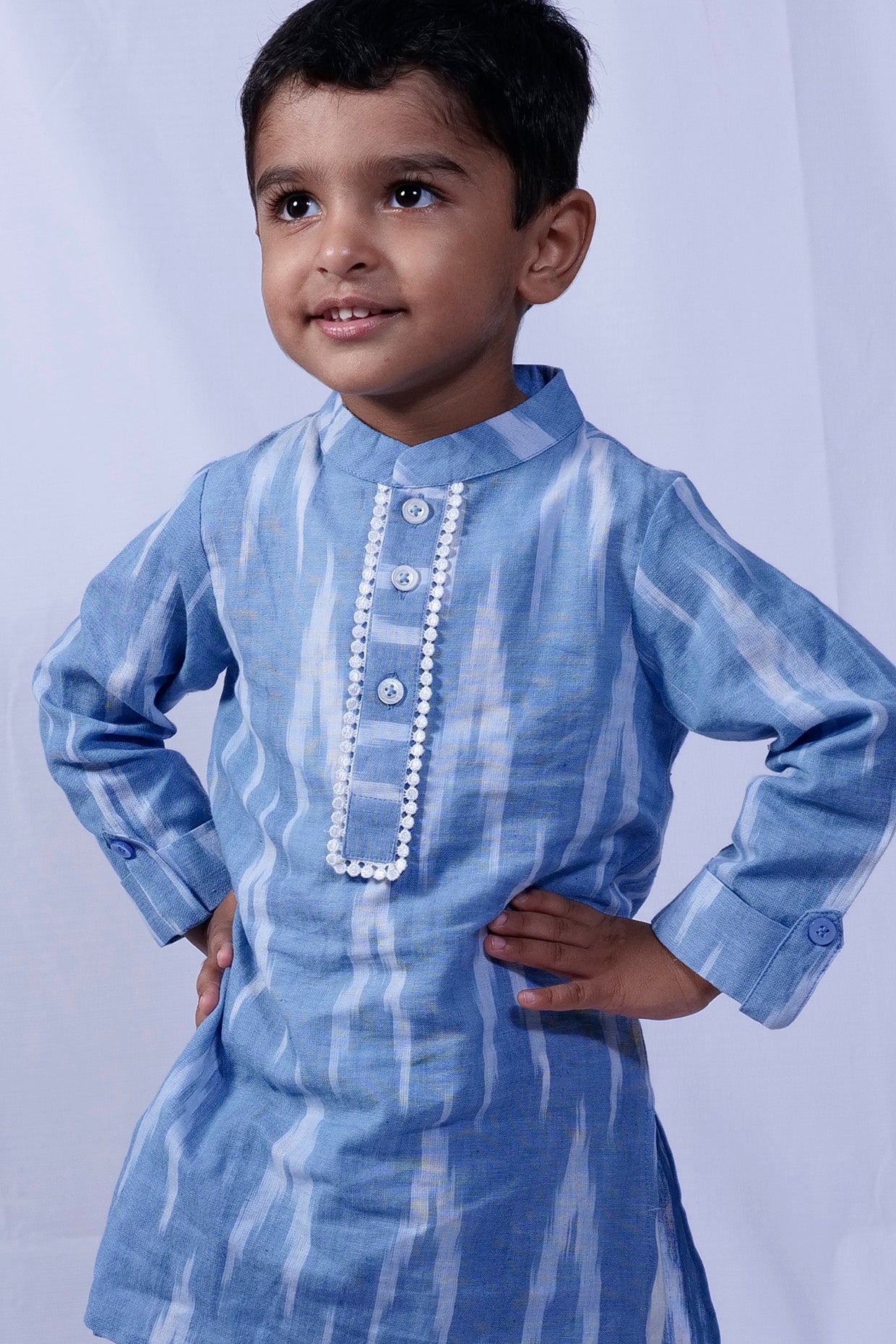 Blue Ikat Printed Kurta Set For Boys by Pankhuri by Priyanka - Kids at Pernia's Pop Up Shop