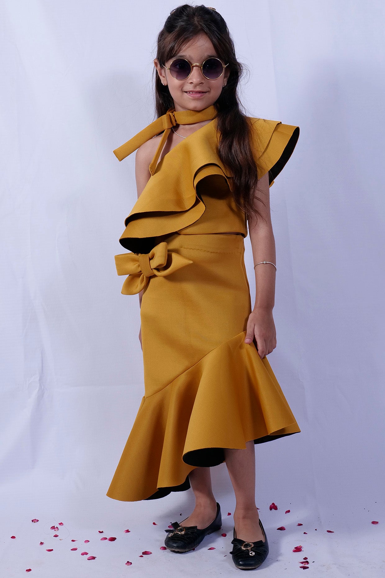 Mustard Scuba Frilly Skirt Set For Girls by Pankhuri by Priyanka - Kids at Pernia's Pop Up Shop