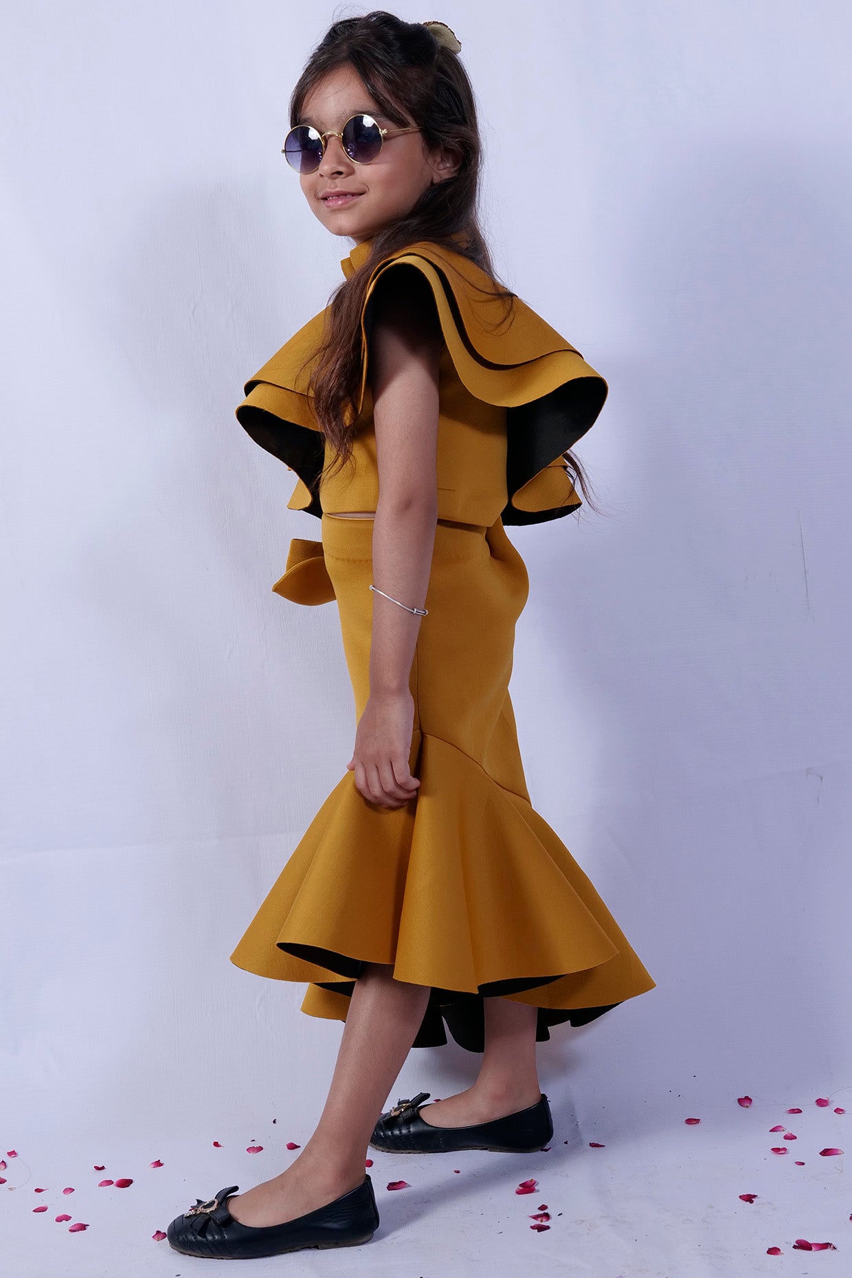 Mustard Scuba Frilly Skirt Set For Girls by Pankhuri by Priyanka - Kids at Pernia's Pop Up Shop
