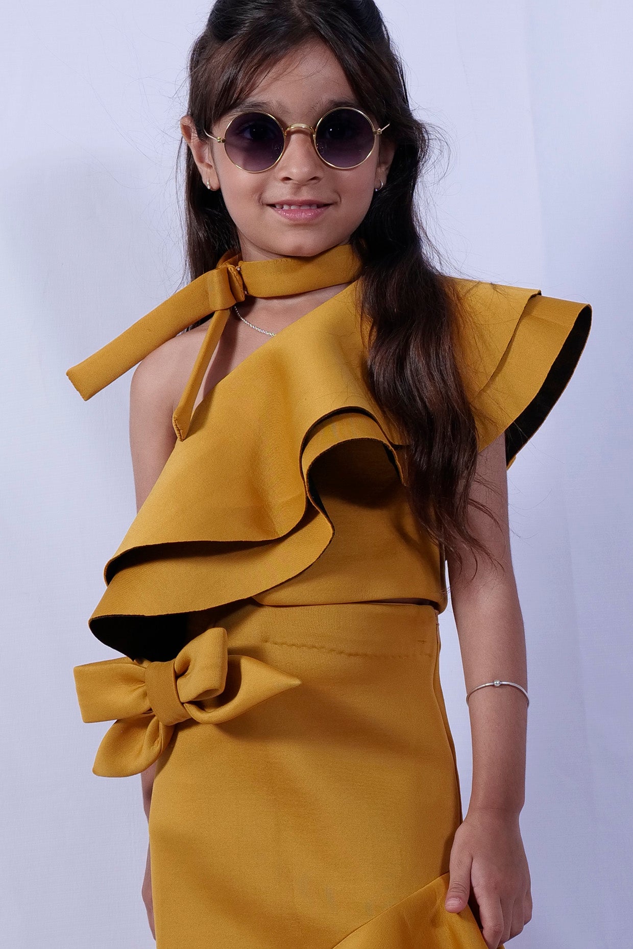 Mustard Scuba Frilly Skirt Set For Girls by Pankhuri by Priyanka - Kids at Pernia's Pop Up Shop