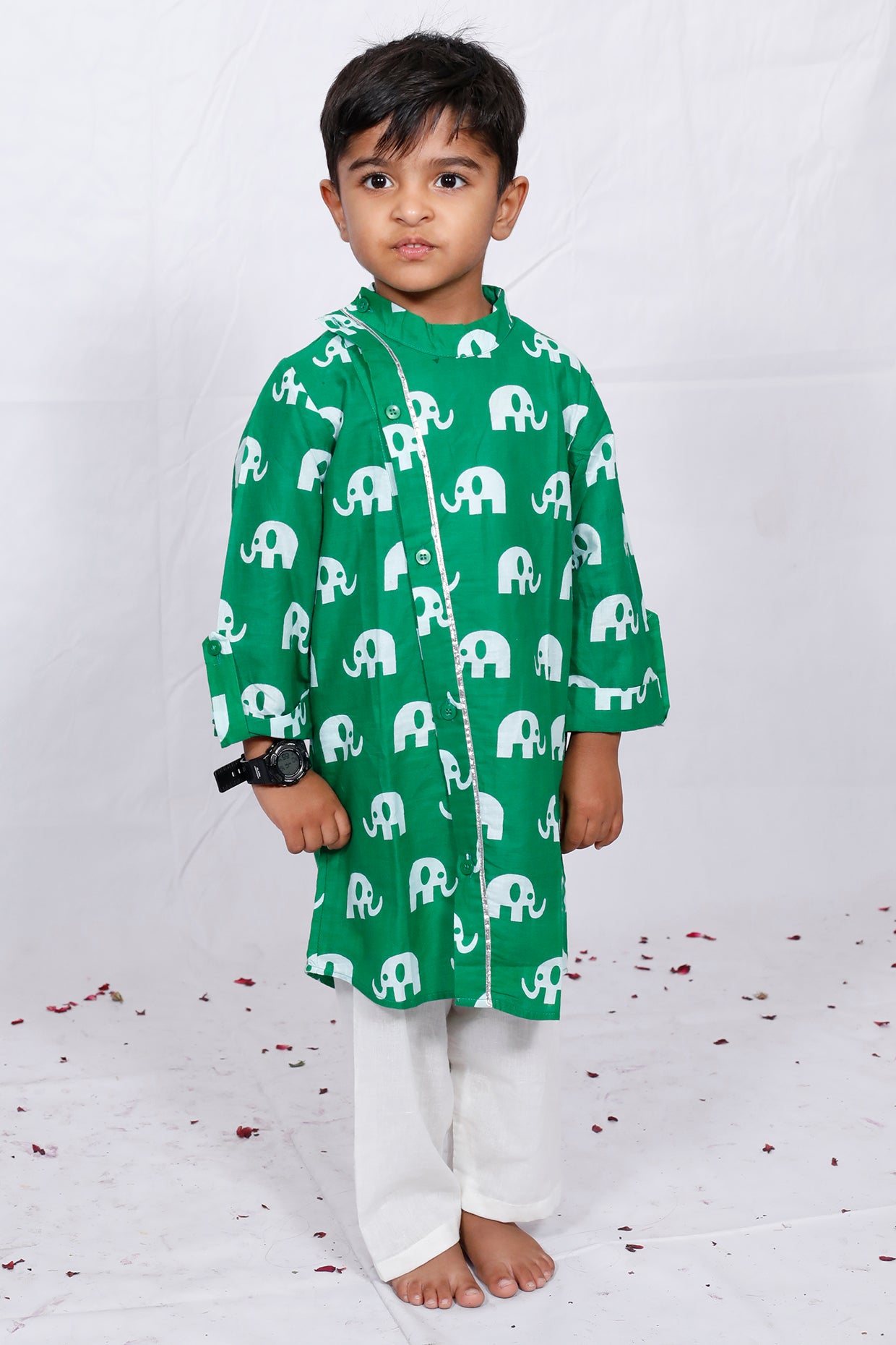 Green Elephant Printed Kurta Set For Boys by Pankhuri by Priyanka - Kids at Pernia's Pop Up Shop