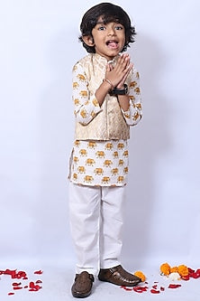 Gold Brocade Nehru Jacket For Boys by Pankhuri by Priyanka - Kids at Pernia's Pop Up Shop
