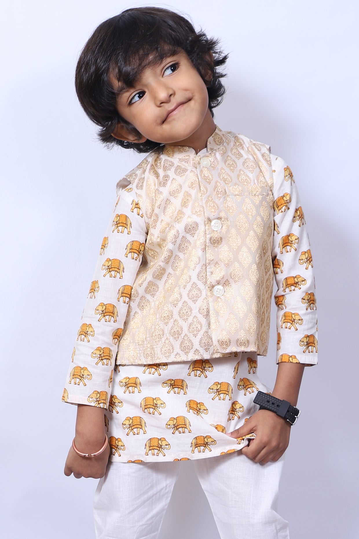 Gold Brocade Nehru Jacket For Boys by Pankhuri by Priyanka - Kids at Pernia's Pop Up Shop