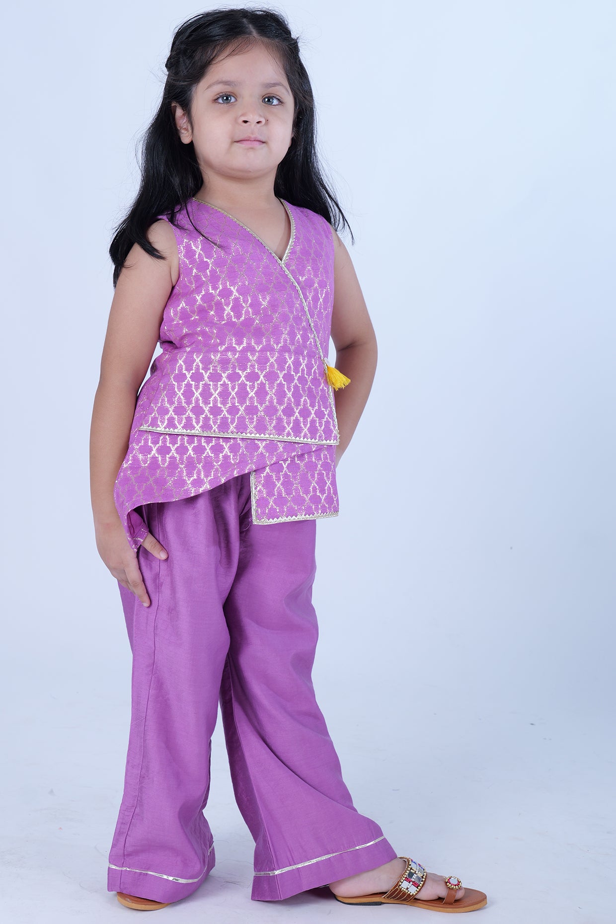 Mauve Chanderi Zari Embroidered Co-Ord Set For Girls by Pankhuri by Priyanka - Kids at Pernia's Pop Up Shop