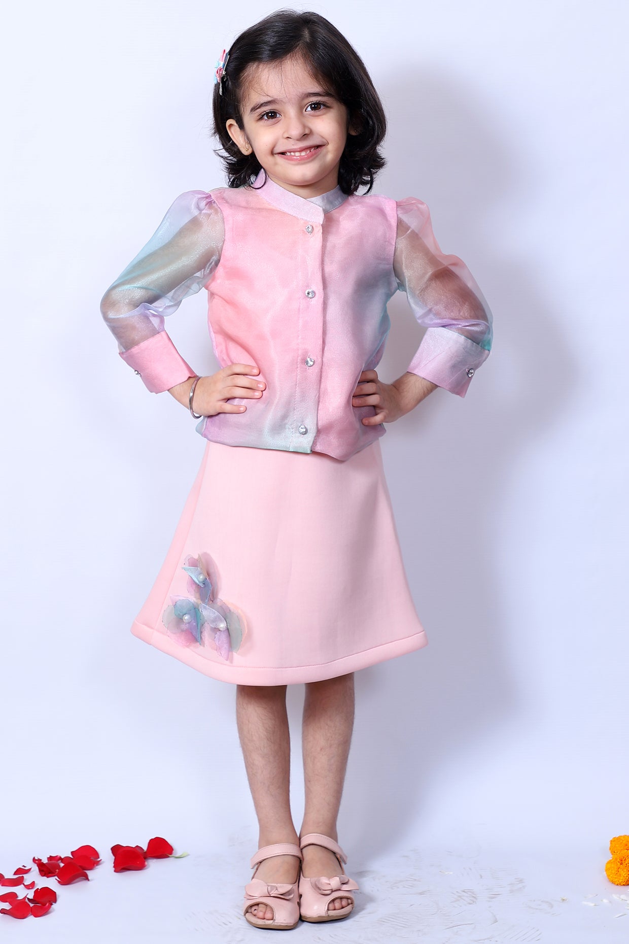 Pink Skirt Set With Handcrafted Floral Work For Girls by Pankhuri by Priyanka - Kids at Pernia's Pop Up Shop