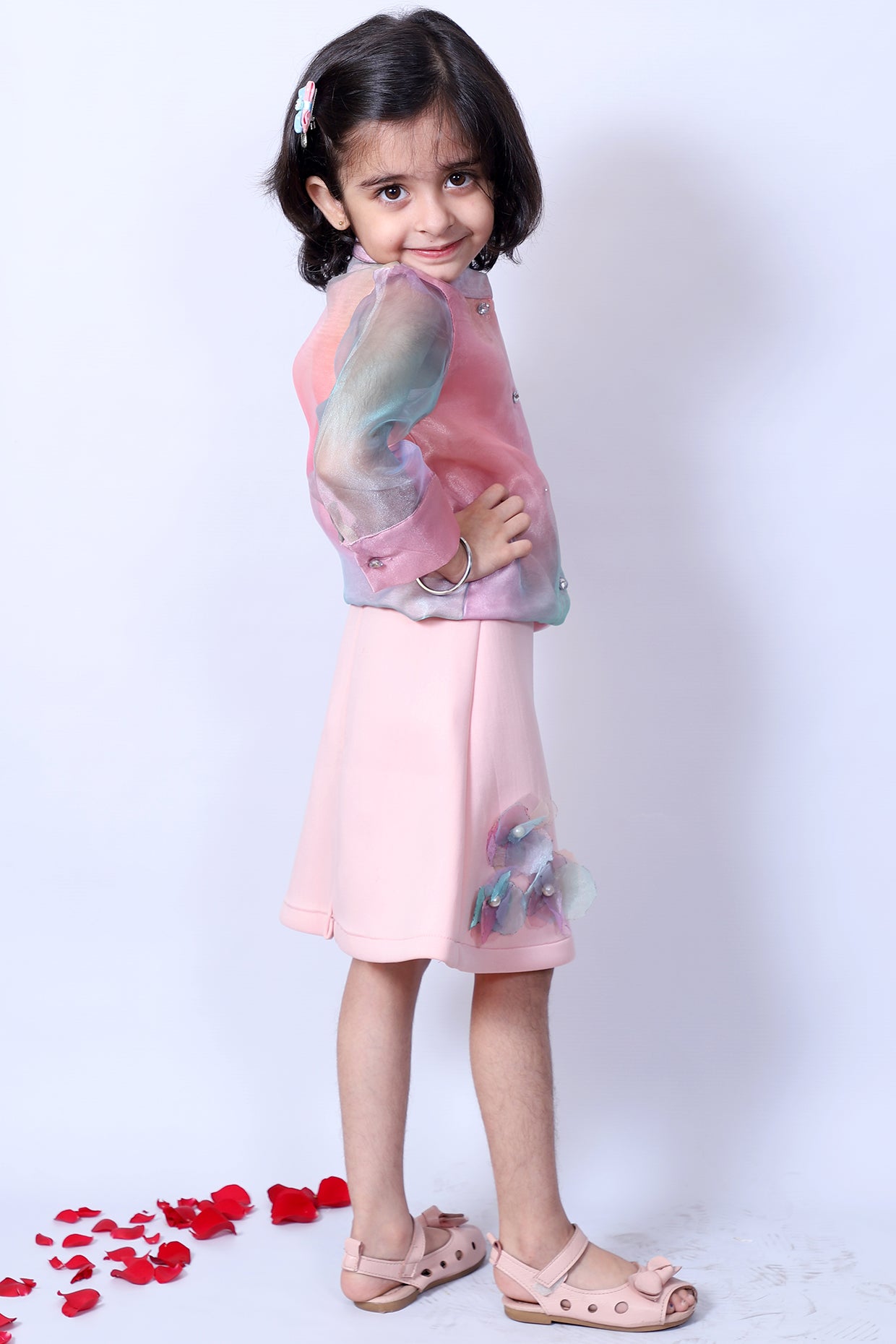 Pink Skirt Set With Handcrafted Floral Work For Girls by Pankhuri by Priyanka - Kids at Pernia's Pop Up Shop
