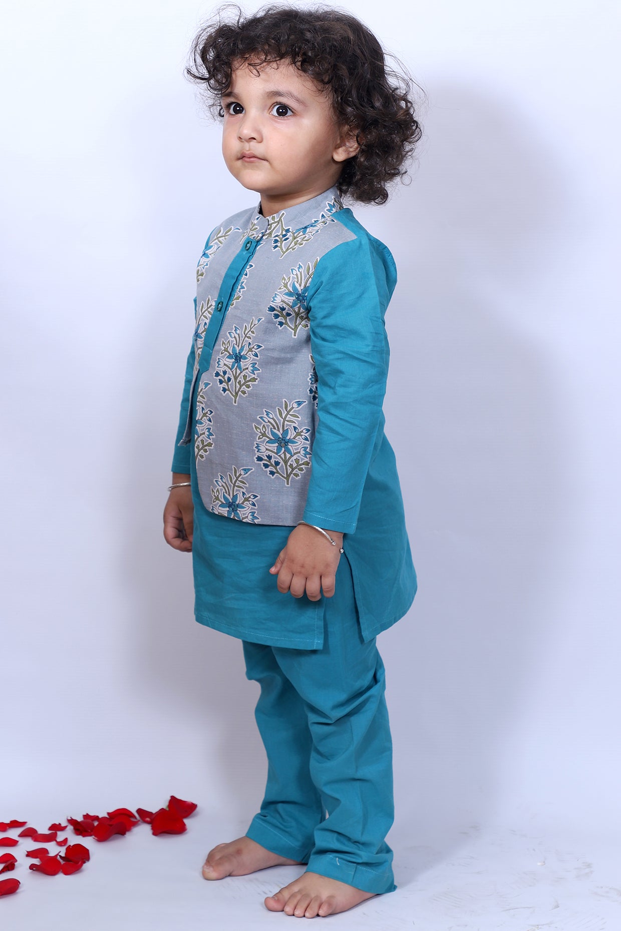Blue & Grey Hand Embroidered Kurta Set For Boys by Pankhuri by Priyanka - Kids at Pernia's Pop Up Shop
