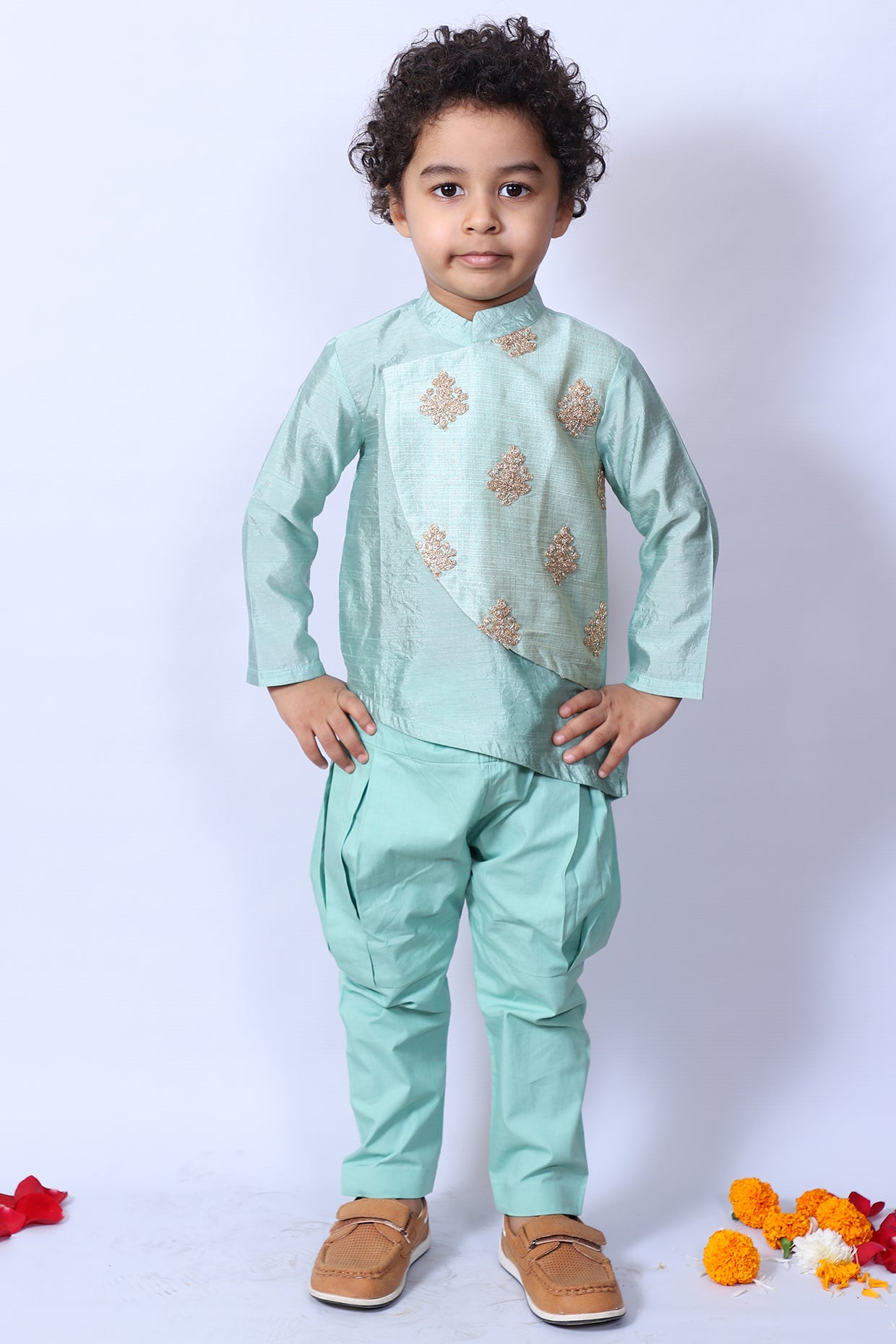 Powder Blue Embroidered Kurta Set For Boys by Pankhuri by Priyanka - Kids at Pernia's Pop Up Shop