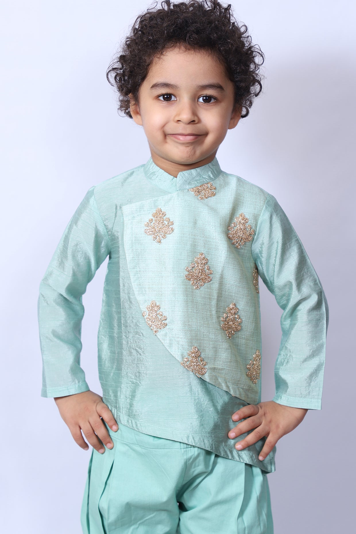 Powder Blue Embroidered Kurta Set For Boys by Pankhuri by Priyanka - Kids at Pernia's Pop Up Shop