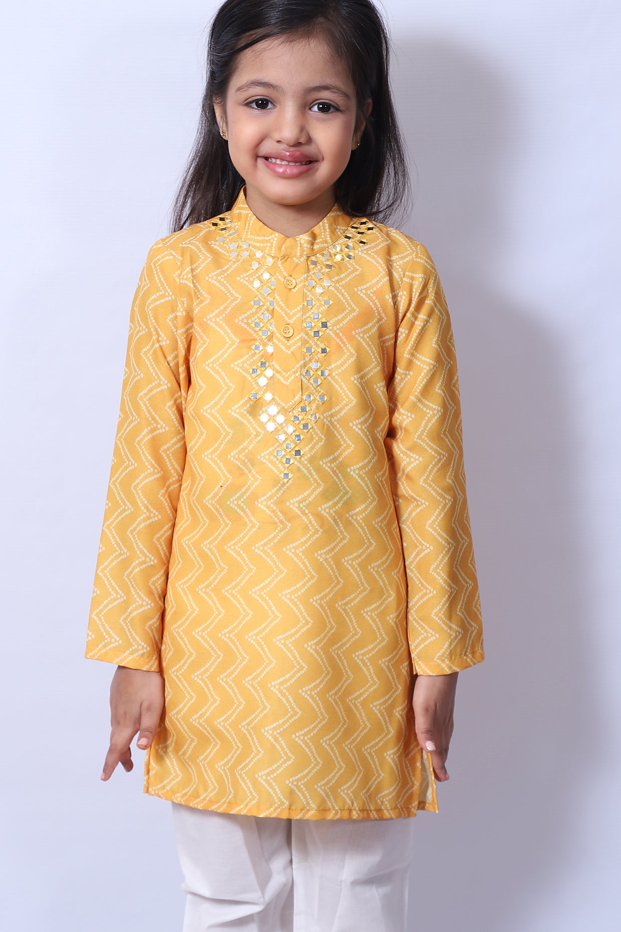 Turmeric Yellow Kurta Set With Mirror Work For Boys by Pankhuri by Priyanka - Kids at Pernia's Pop Up Shop