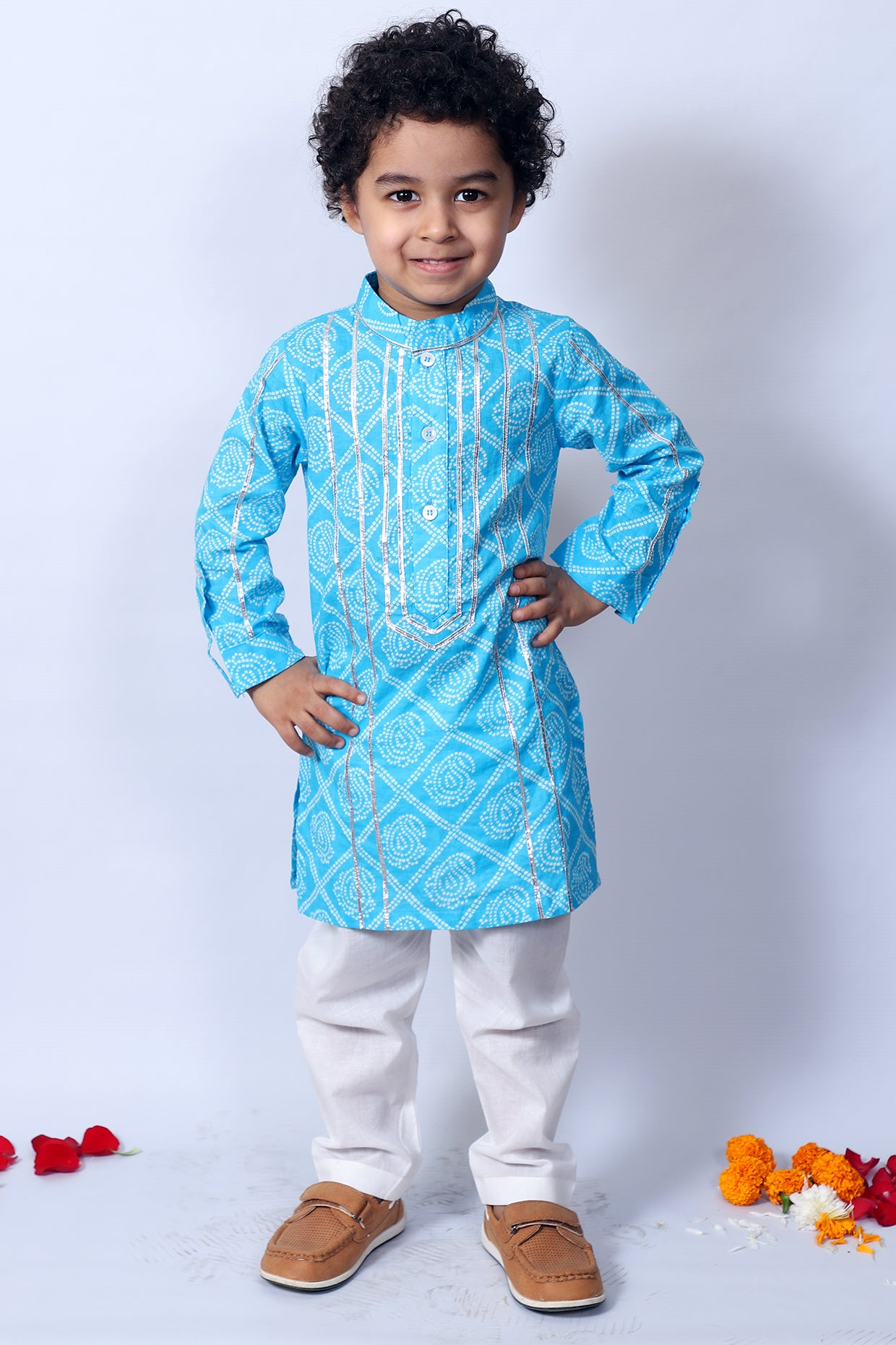 Blue Bandhani Printed Kurta Set For Boys by Pankhuri by Priyanka - Kids at Pernia's Pop Up Shop