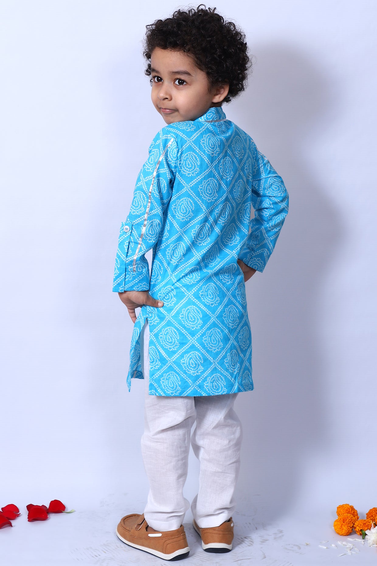 Blue Bandhani Printed Kurta Set For Boys by Pankhuri by Priyanka - Kids at Pernia's Pop Up Shop