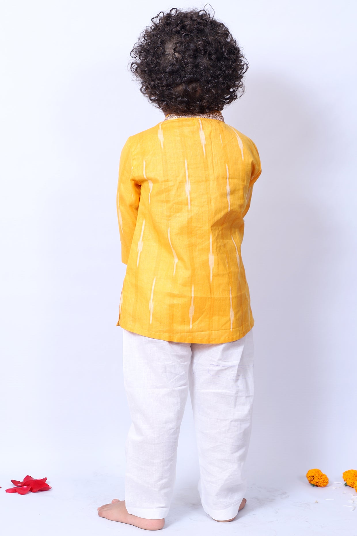 Turmeric Yellow Ikat Kurta Set For Boys by Pankhuri by Priyanka - Kids at Pernia's Pop Up Shop