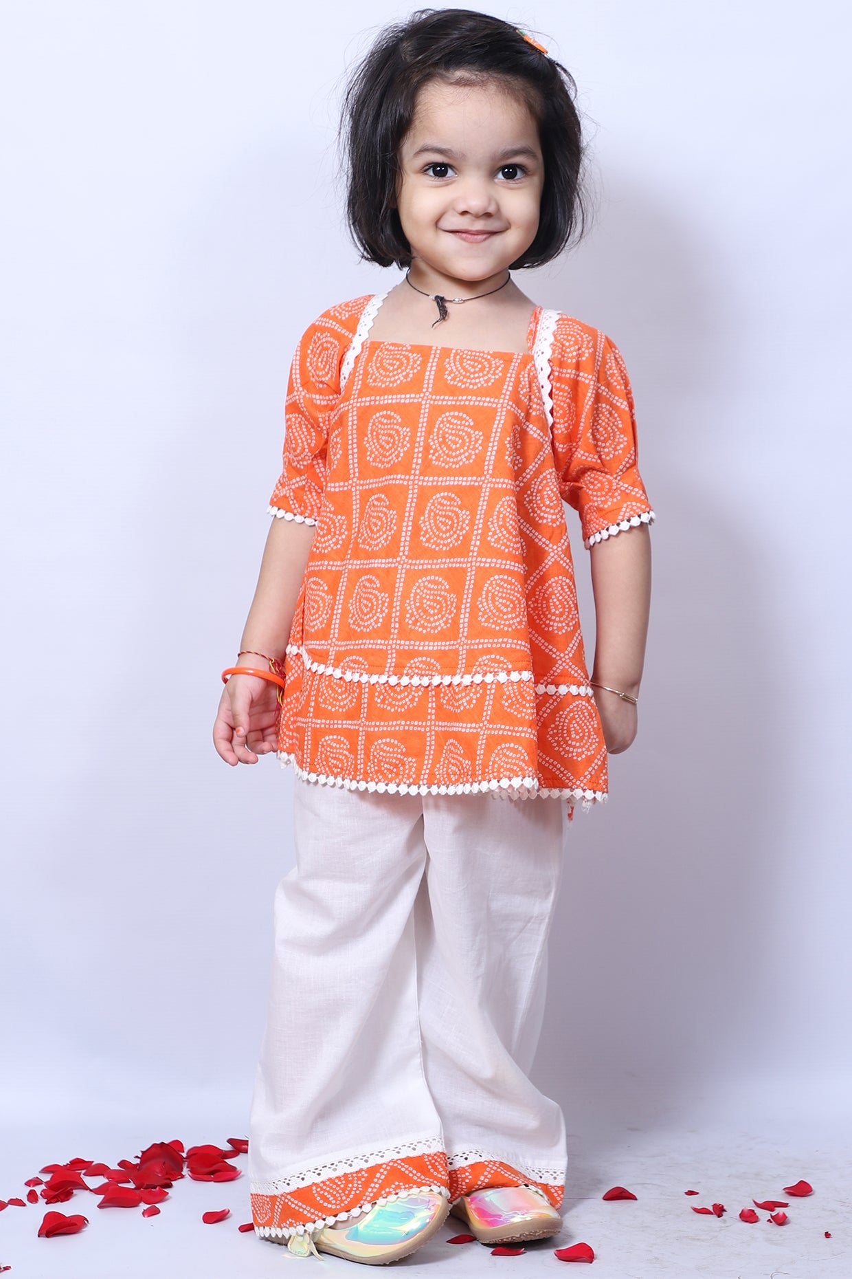 Orange Bandhani Kurta Set For Girls by Pankhuri by Priyanka - Kids at Pernia's Pop Up Shop