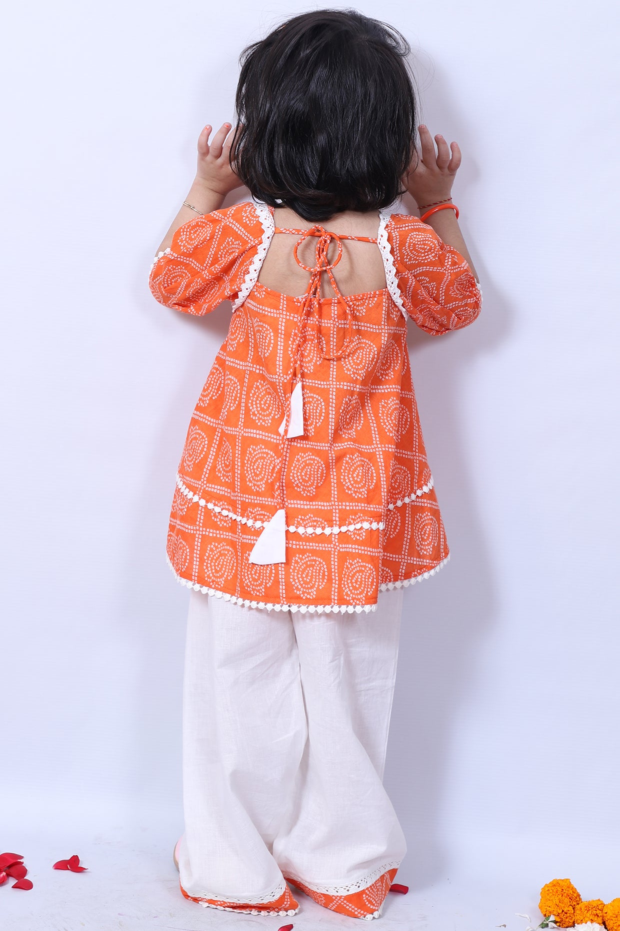 Orange Bandhani Kurta Set For Girls by Pankhuri by Priyanka - Kids at Pernia's Pop Up Shop