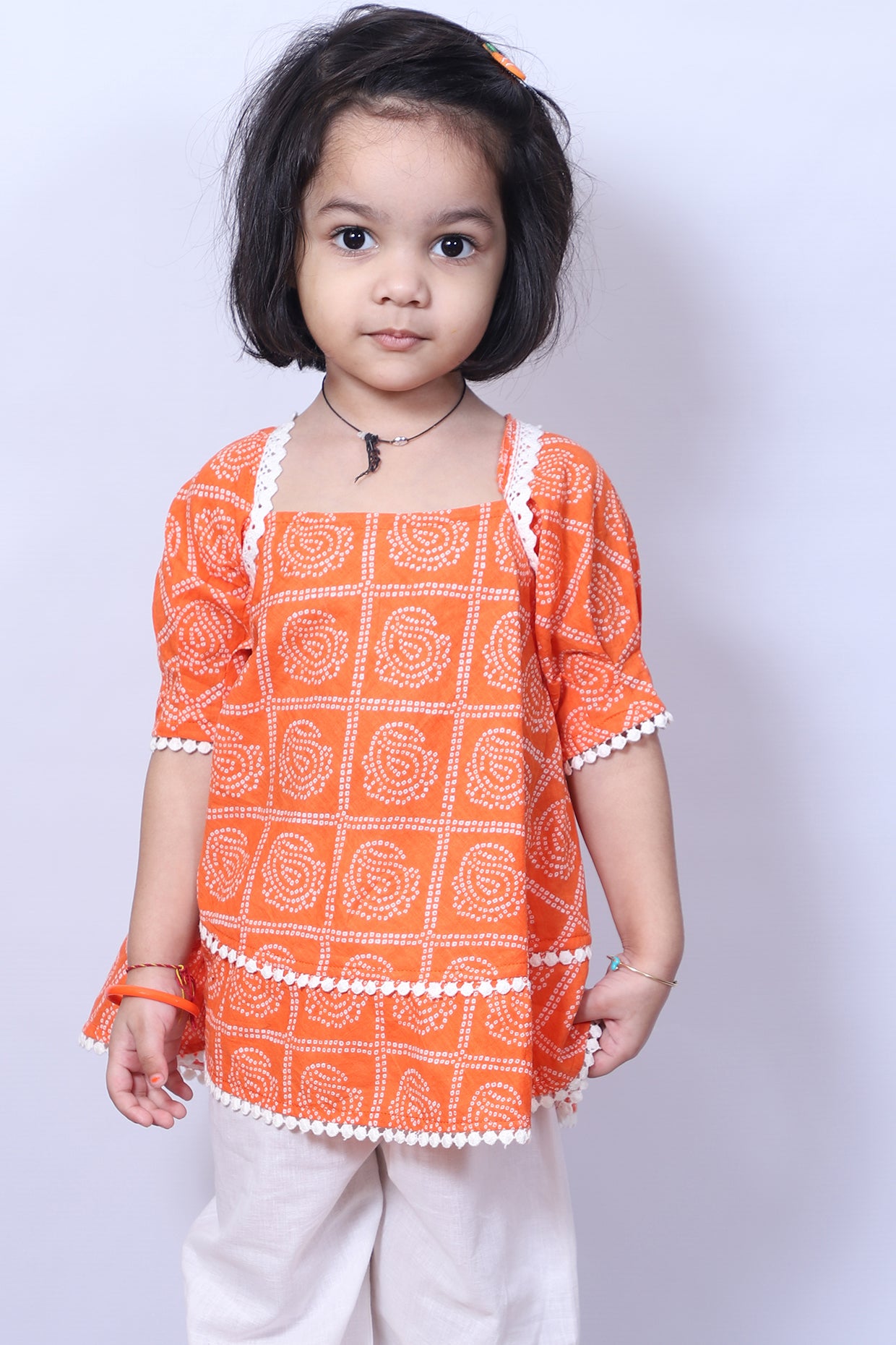 Orange Bandhani Kurta Set For Girls by Pankhuri by Priyanka - Kids at Pernia's Pop Up Shop
