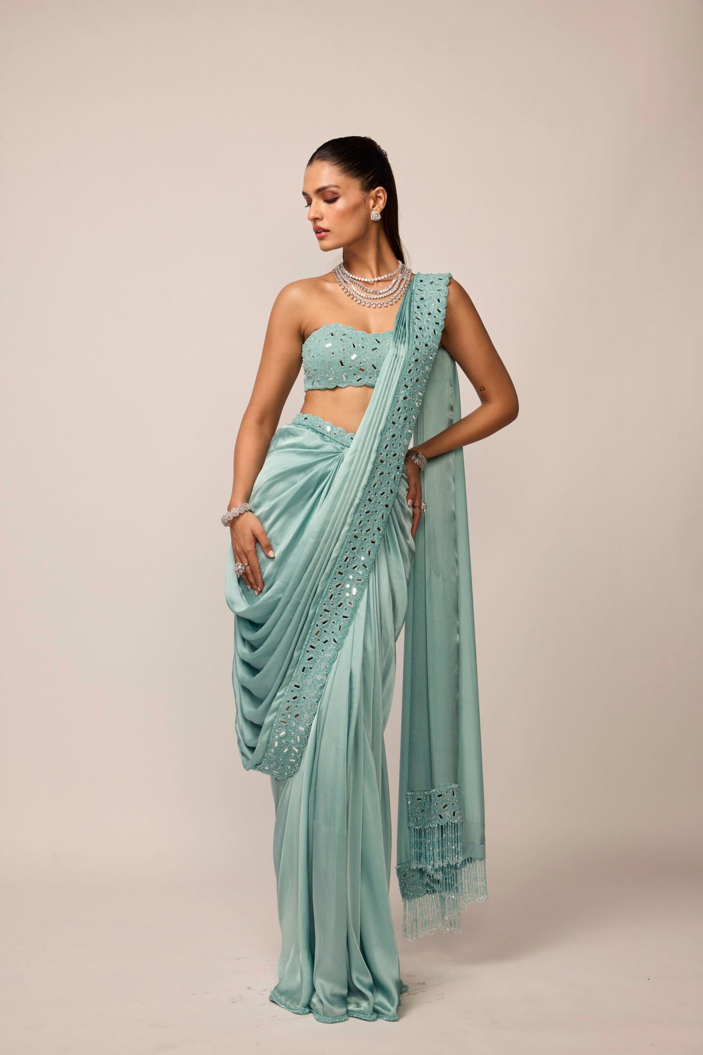 Powder Blue Satin Draped Saree Set