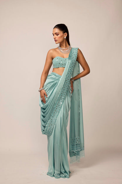 Powder Blue Satin Draped Saree Set